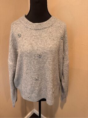 Embellished Light Gray Crewneck Sweater